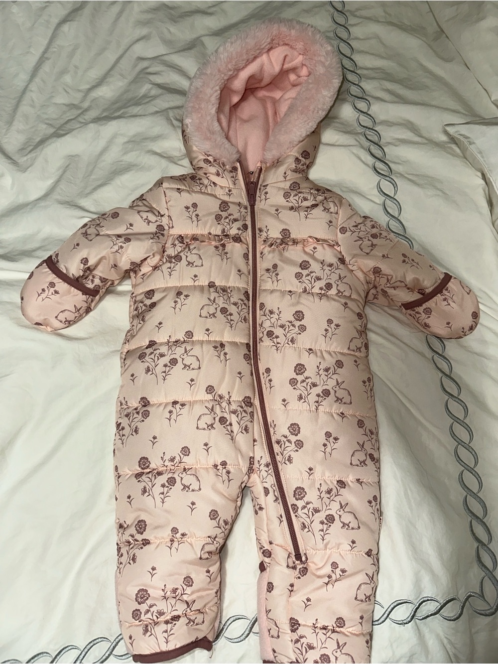 Wippette Pink Floral Hooded Baby One-Piece Snowsuit 6/9m